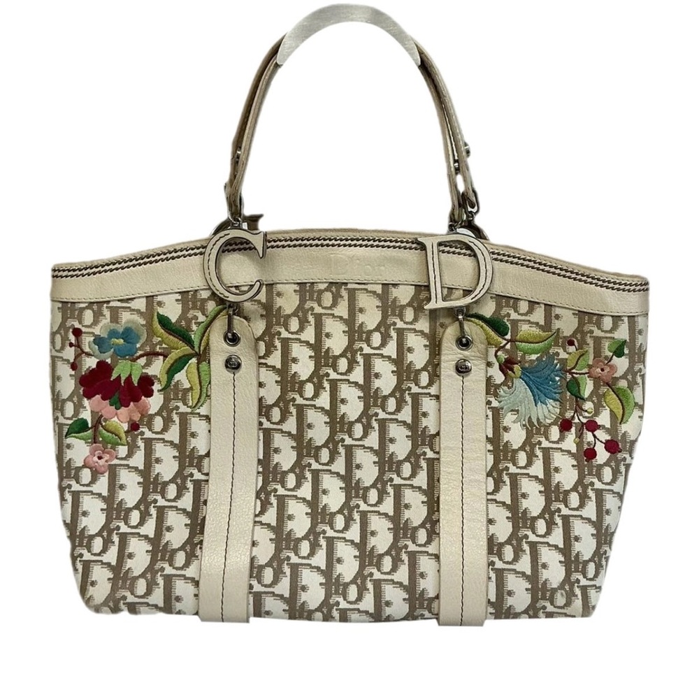 Christian Dior Beige Tote Bag CD Base Handles with Floral Accents